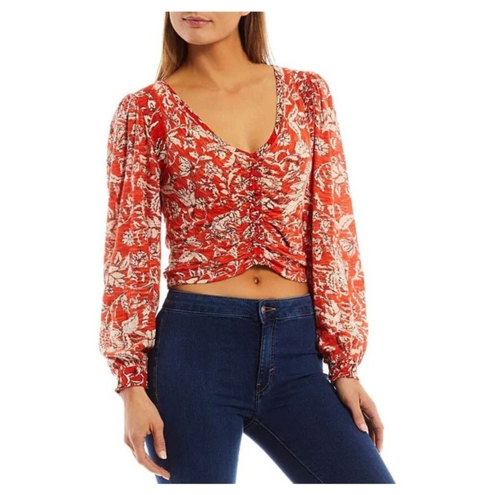 Free People Say The Word Floral V-Neck Long Sleeve Ruched Top - Orange - Medium - Picture 5 of 5
